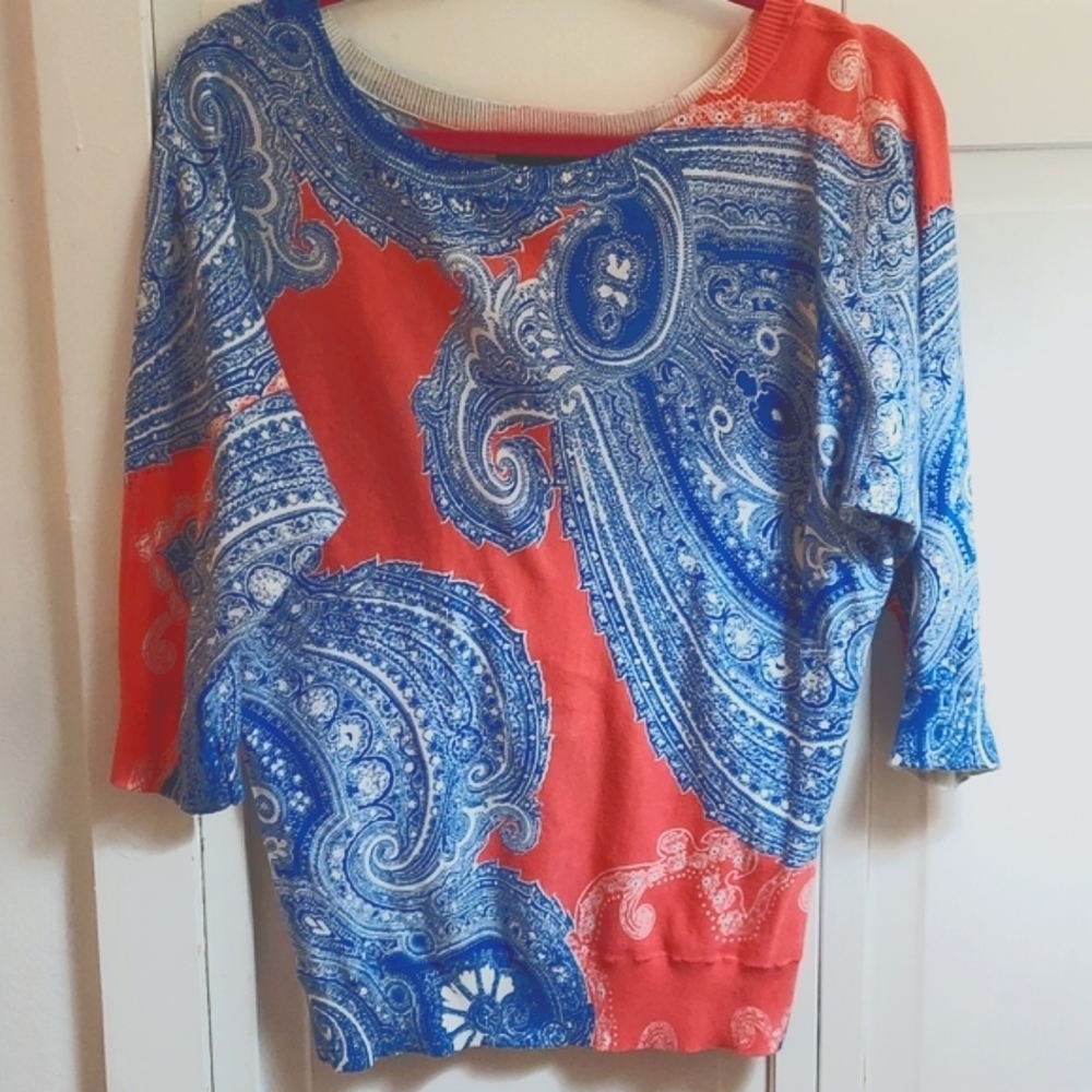Vintage Chaps Paisley Coral Blue L/S Swirl Knit Top Sz L